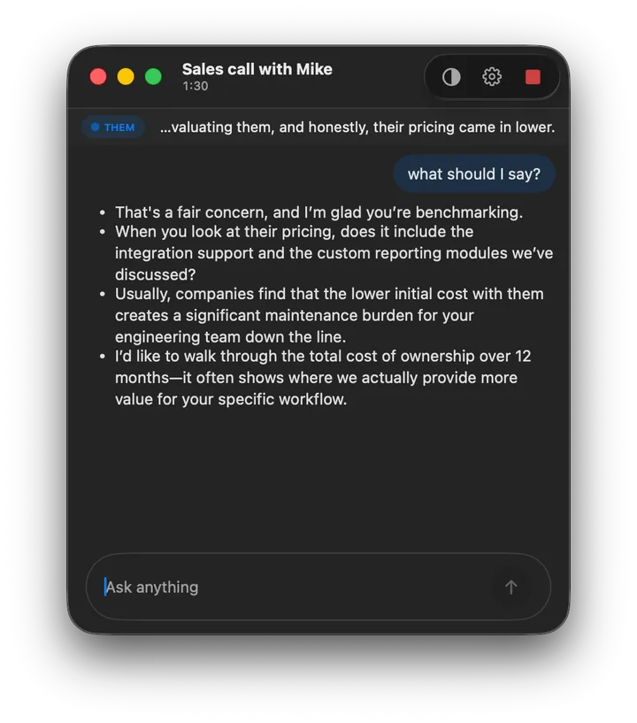 The Kennan HUD during a live sales call: a transcript fragment of the other party's pricing objection at the top, a 'what should I say?' query, and a list of suggested responses below.