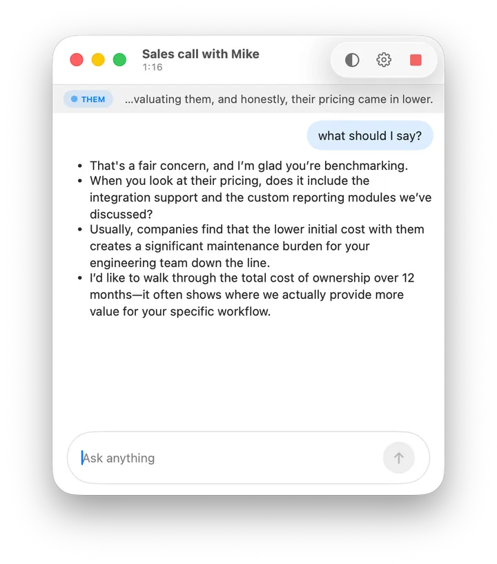 The Kennan HUD during a live sales call: a transcript fragment of the other party's pricing objection at the top, a 'what should I say?' query, and a list of suggested responses below.